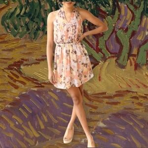 Amuse Pastel print Fairycore halter chiffon fit & flare Pretty mini dress sz S